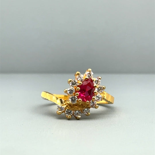 22ct Yellow Gold White and Red Synthetic Stone Ring - Size J