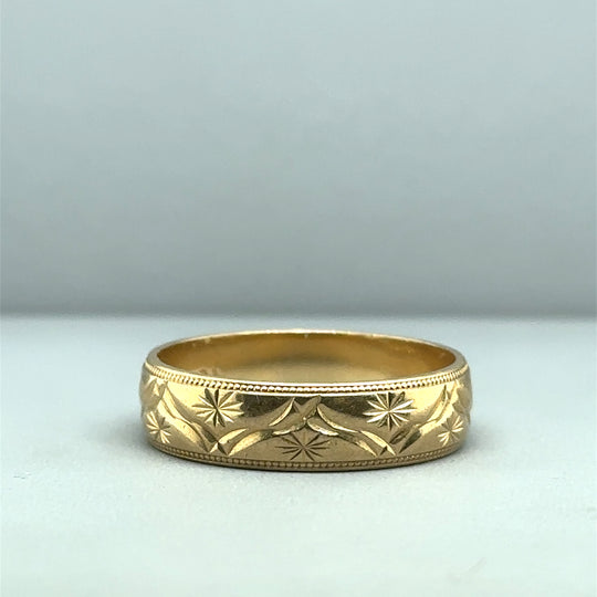 9ct Yellow Gold Patterned Band Ring - Size S 1/2