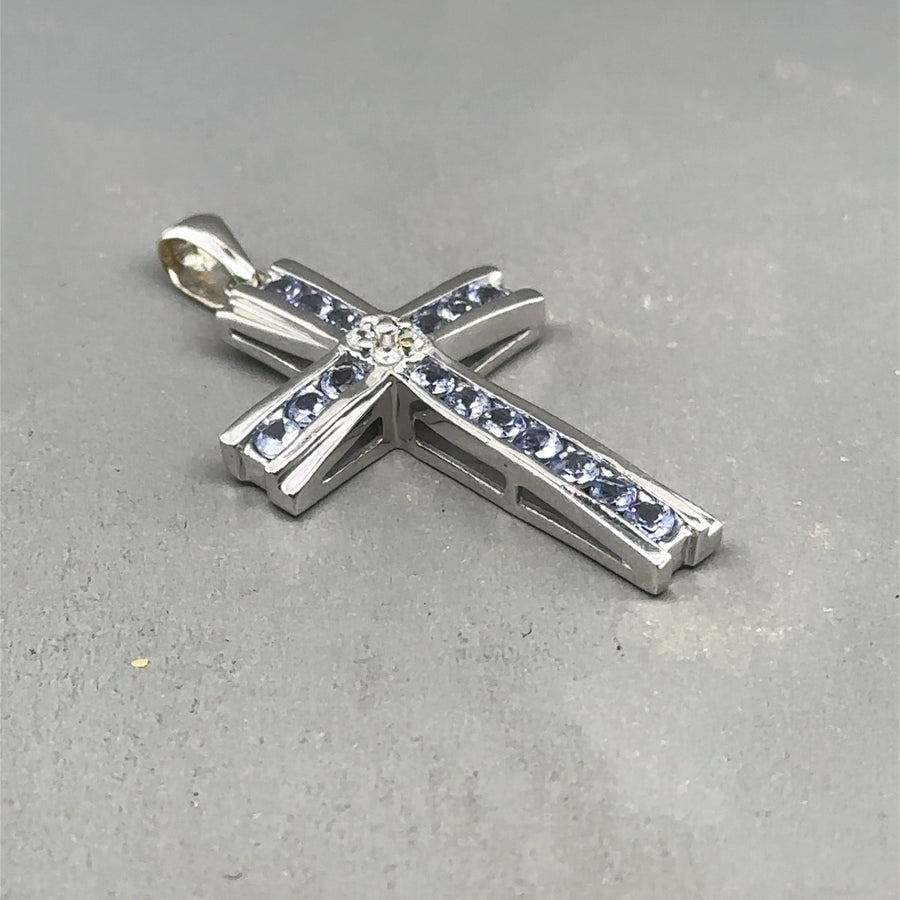9ct White Gold Blue Tourmaline and Diamond Cross Pendant