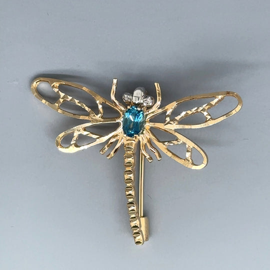 9ct Yellow Gold Diamond and Synthetic Stone Dragonfly Brooch