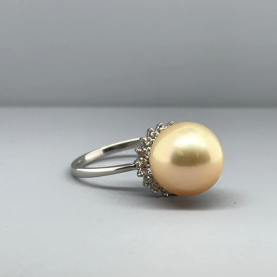 9ct White Gold Diamond and Golden South Sea Pearl Ring (c. 0.22ct) - Size N 1/2