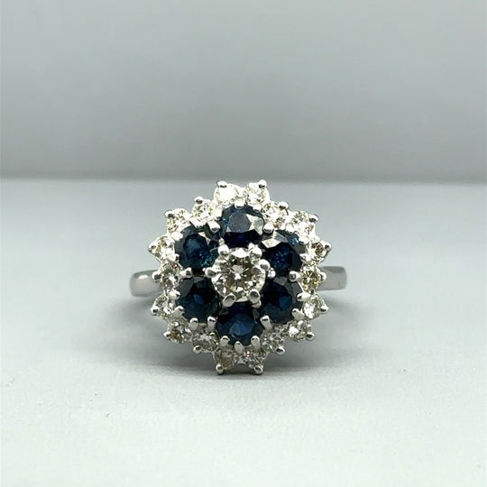 18ct White Gold Diamond and Sapphire Cluster Ring (c. 0.70ct) - Size J 1/2