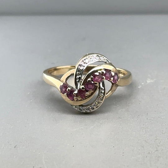 9ct Yellow Gold Diamond and Pink Topaz Ring - Size P 1/2