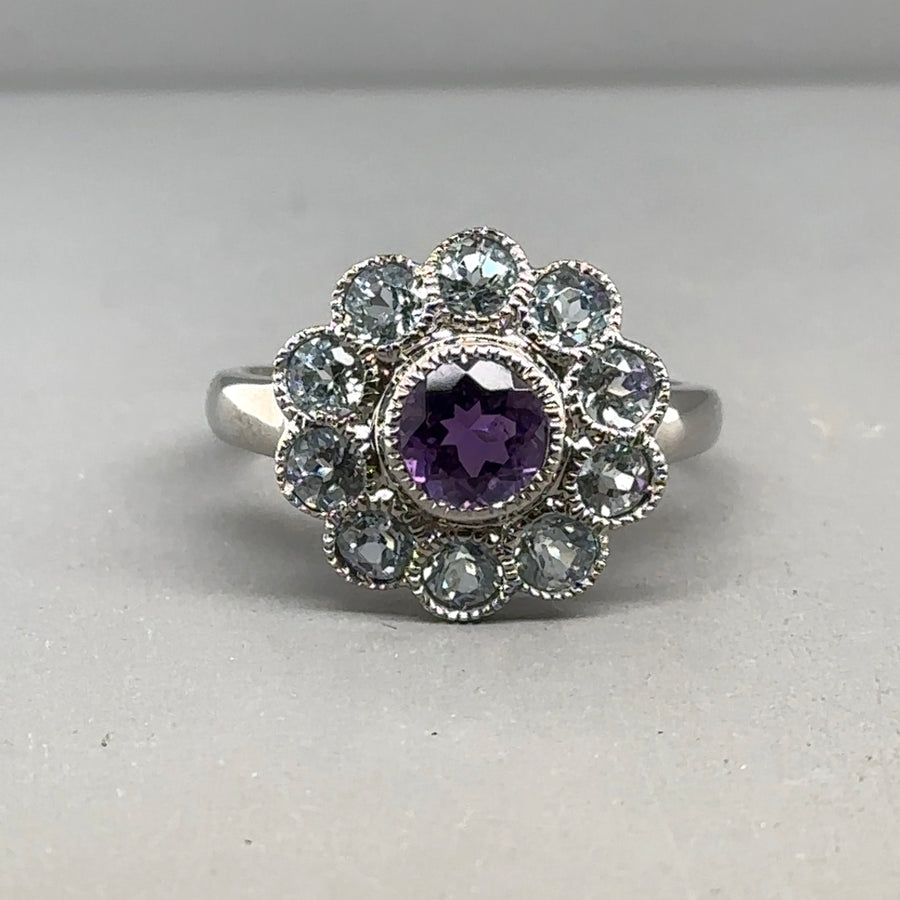 9ct White Gold Amethyst and Tanzanite Ring - Size N 1/2