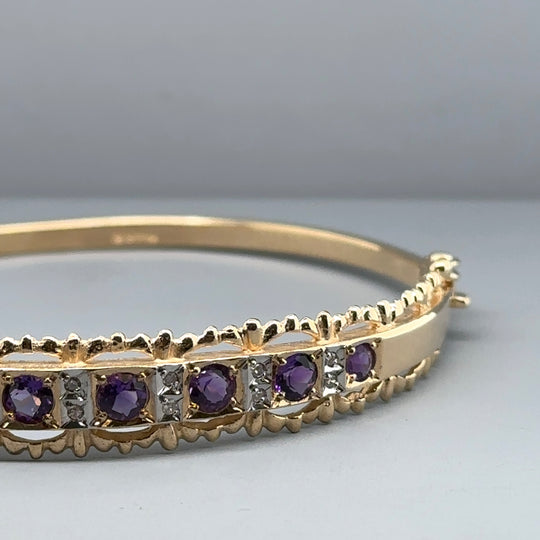 9ct Yellow Gold Diamond and Amethyst Bangle (c. 0.16ct)
