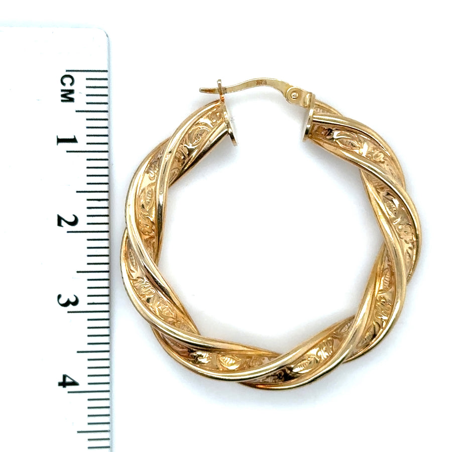 9ct Yellow Gold Patterned Twist Hoop Earrings