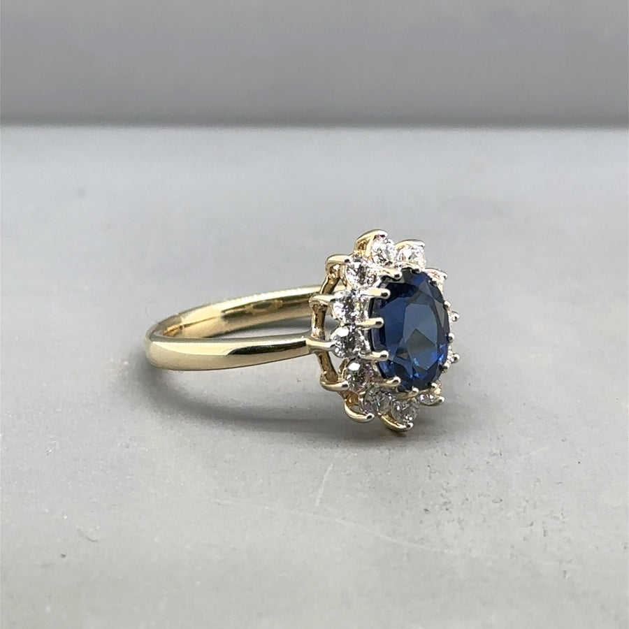 9ct Yellow Gold Lab Grown Diamond and Sapphire Cluster Ring (c. 0.47ct) - Size M 1/2 NEW!