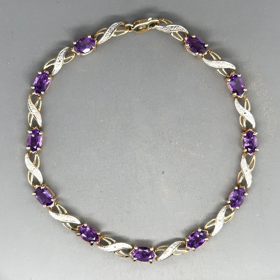 9ct Yellow Gold Amethyst and Diamond Bracelet