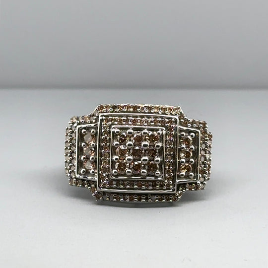 9ct White Gold Cinnamon Diamond Set Square Ring (c. 0.55 - 0.60ct) - Size N