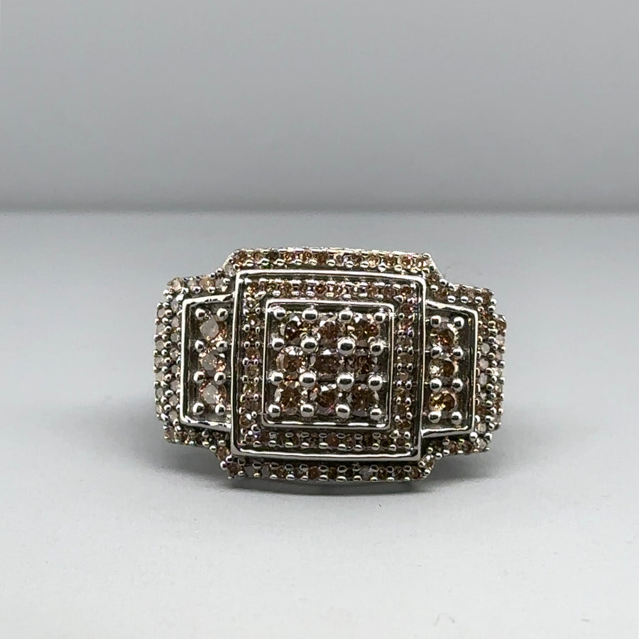 9ct White Gold Cinnamon Diamond Set Square Ring (c. 0.55 - 0.60ct) - Size N