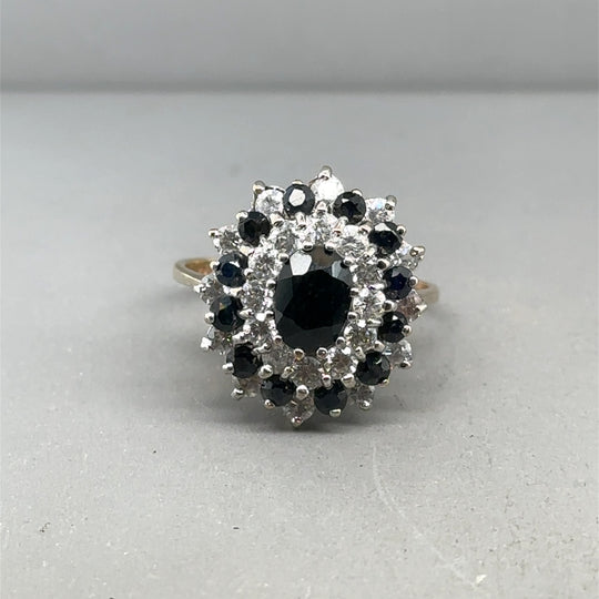 9ct Yellow Gold Black and White Cubic Zirconia Cluster Ring - Size N