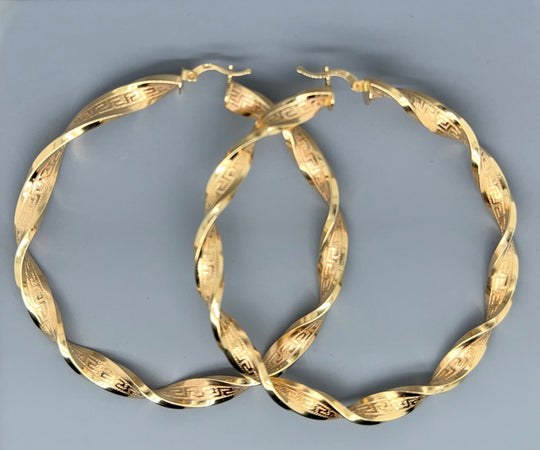 14ct Yellow Gold Large Greek Key Twist Hoop Earrings