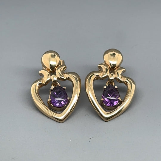 9ct Yellow Gold Amethyst Heart Drop Earrings