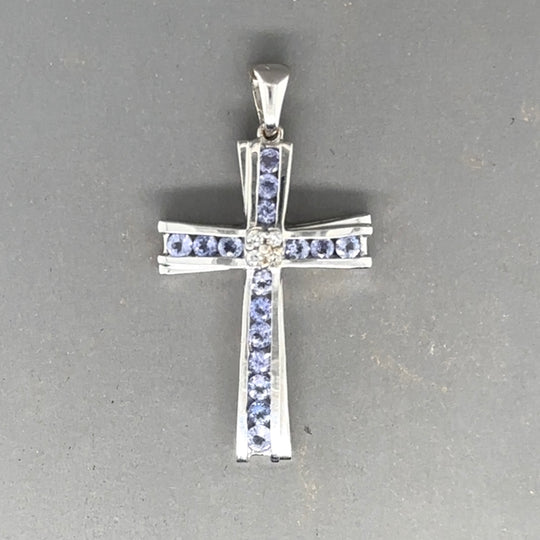 9ct White Gold Blue Tourmaline and Diamond Cross Pendant