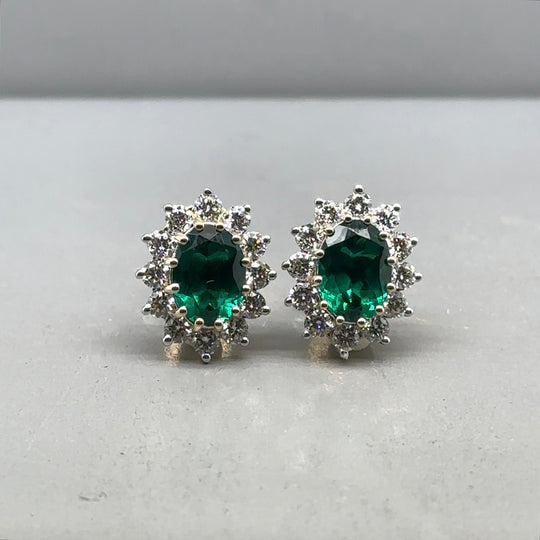9ct Yellow Gold Lab Grown Diamond and Emerald Cluster Stud Earrings (c. 0.95ct) NEW!