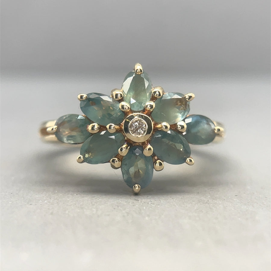 9ct Yellow Gold Blue Topaz and Diamond Ring - Size N