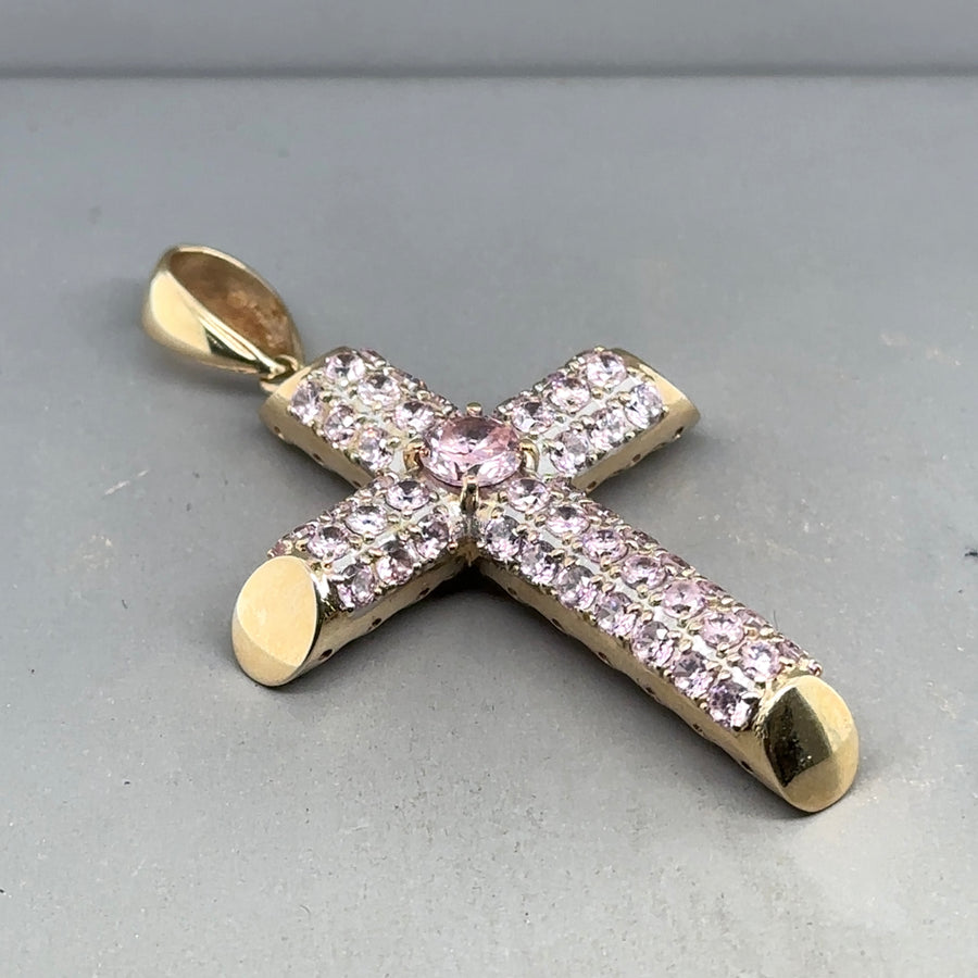 9ct Yellow Gold Pink Cubic Zirconia Cross Pendant