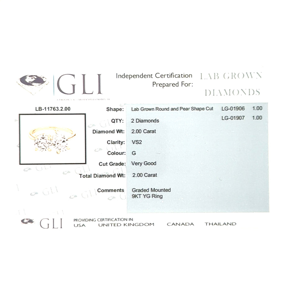 9ct Yellow Gold Two Stone Lab Grown Diamond Ring (c. 2.00ct) - Size O - NEW!