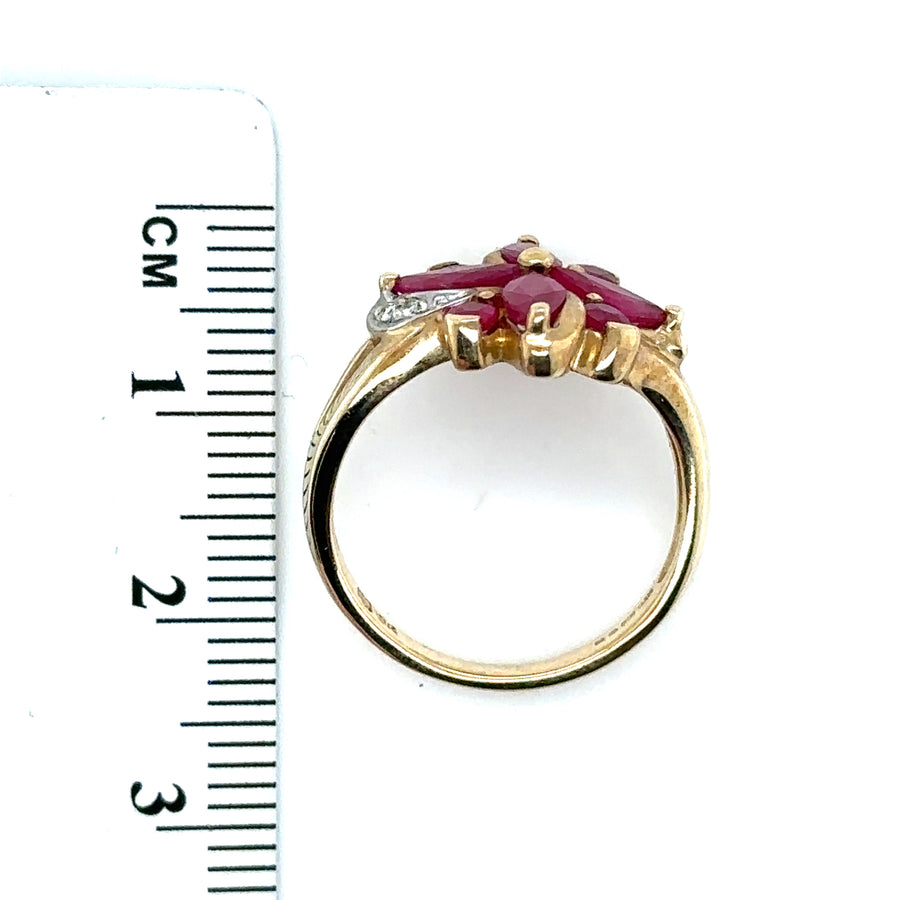 9ct Yellow Gold Ruby and Diamond Flower Style Ring - Size L 1/2