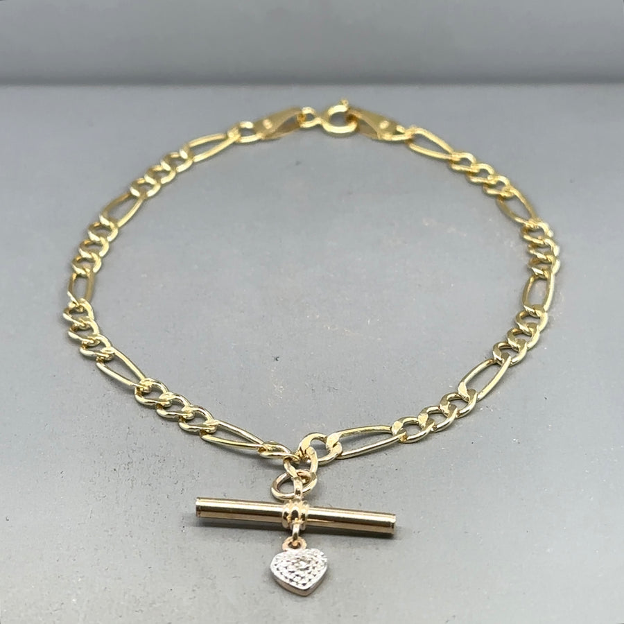 9ct Yellow Gold Figaro Bracelet with T-Bar Charm