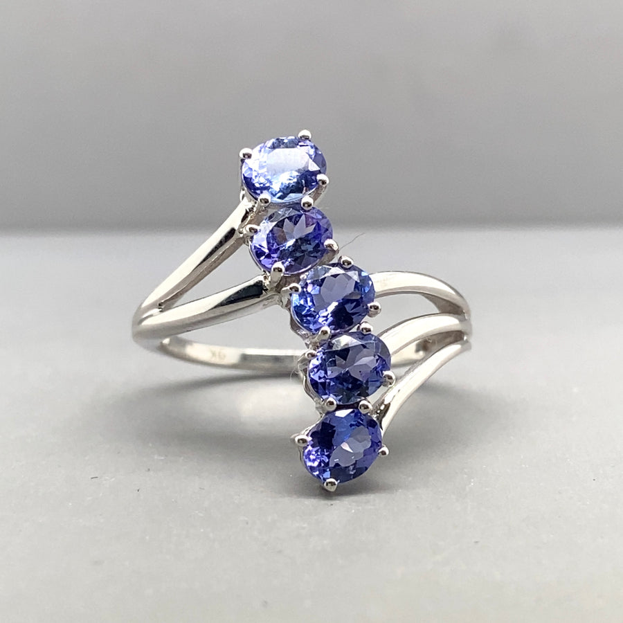 9ct White Gold Five Stone Tanzanite Ring - Size P