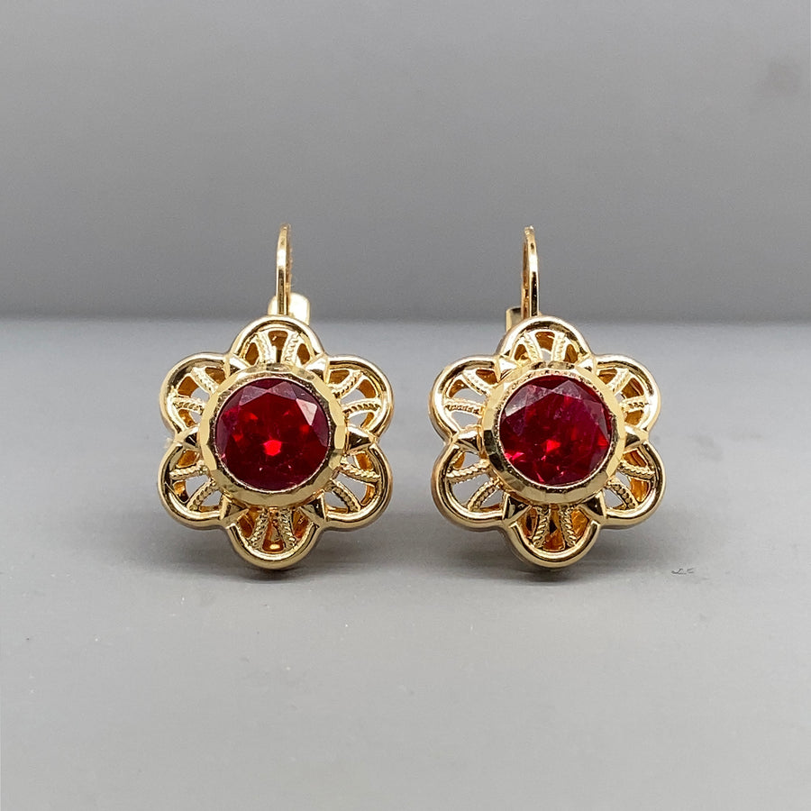 14ct Yellow Gold Red Synthetic Stone Flower Earrings