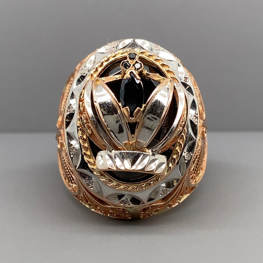 14ct Bi-Colour Black Synthetic Stone Fancy Ring - Size Z + 1