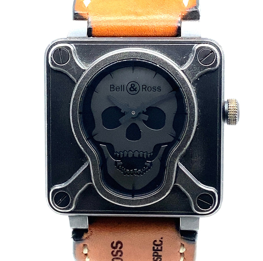 Pre-Owned Stainless Steel and Leather Strap Skull Dial Bell & Ross Watch (Gents)