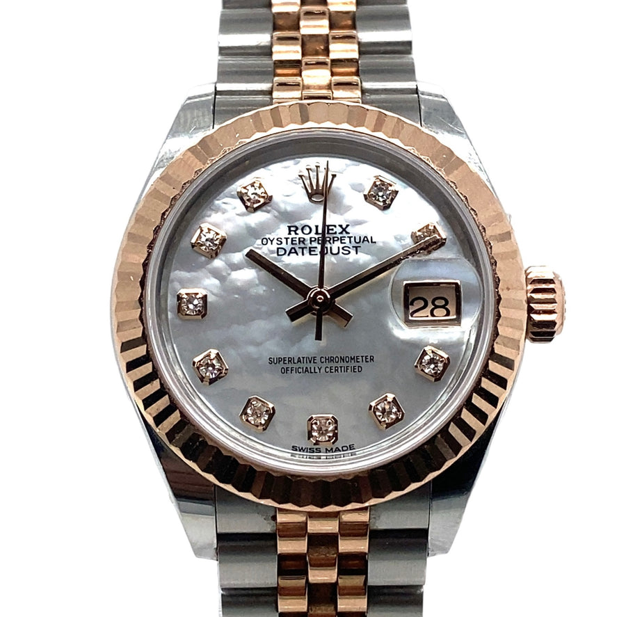 Pre-Owned Bi-Colour Stainless Steel and 18ct Rose Gold Mother of Pearl Diamond Dial Datejust Rolex (Ladies)
