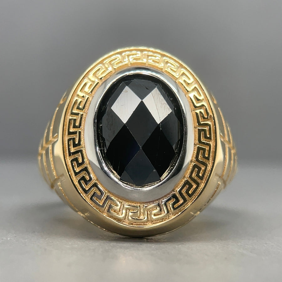 14ct Yellow Gold Synthetic Black Stone Ring - Size V 1/2