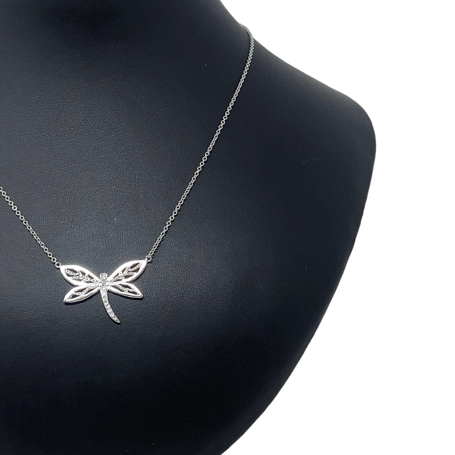9ct White Gold Diamond Dragon Fly Necklace (c. 0.25ct) (18")