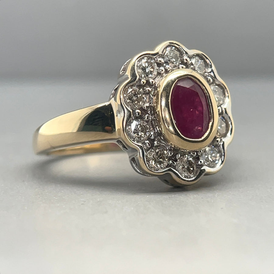9ct Yellow Gold Ruby and Diamond Ring - Size L