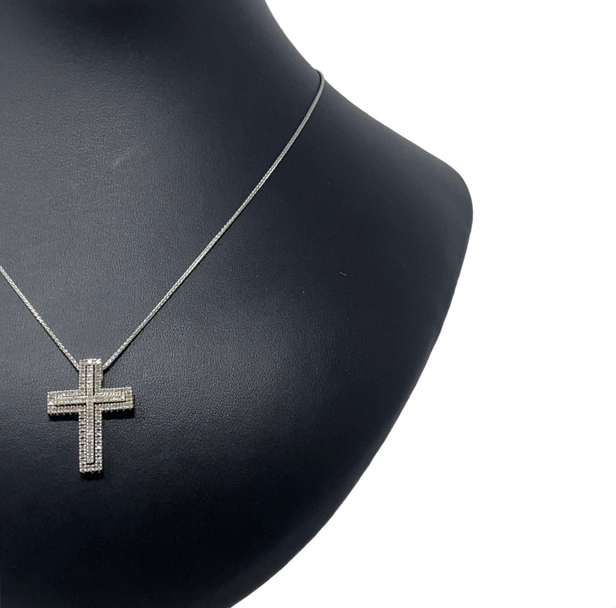 9ct White Gold Diamond Double Cross Pendant and Chain (c. 0.80-0.85ct)