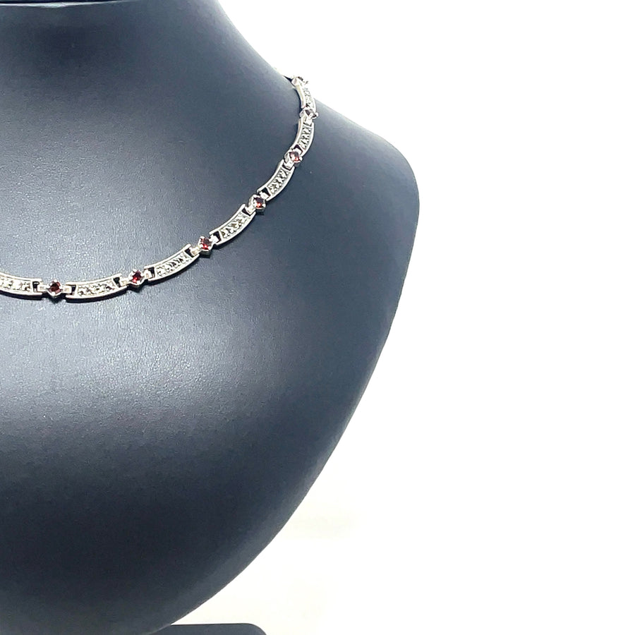 Sterling Silver Marcasite and Synthetic Stone Necklace (17")