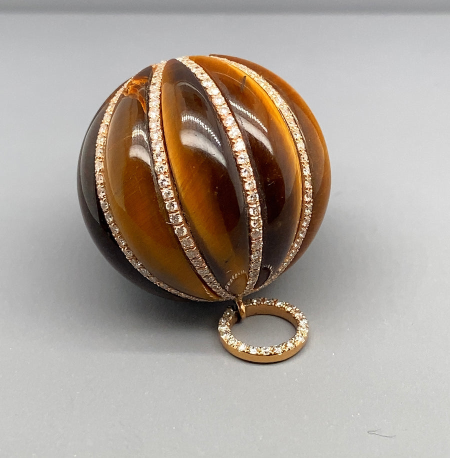 18ct Yellow Gold Tigers Eye and Diamond Ball Pendant (c. 1.55ct)