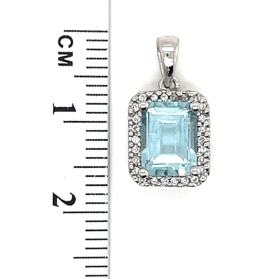 14ct White Gold Diamond and Aqua Square Pendant (c. 0.20ct)