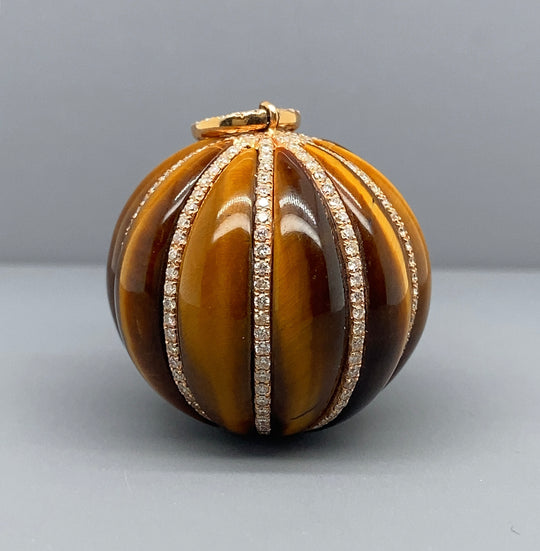 18ct Yellow Gold Tigers Eye and Diamond Ball Pendant (c. 1.55ct)