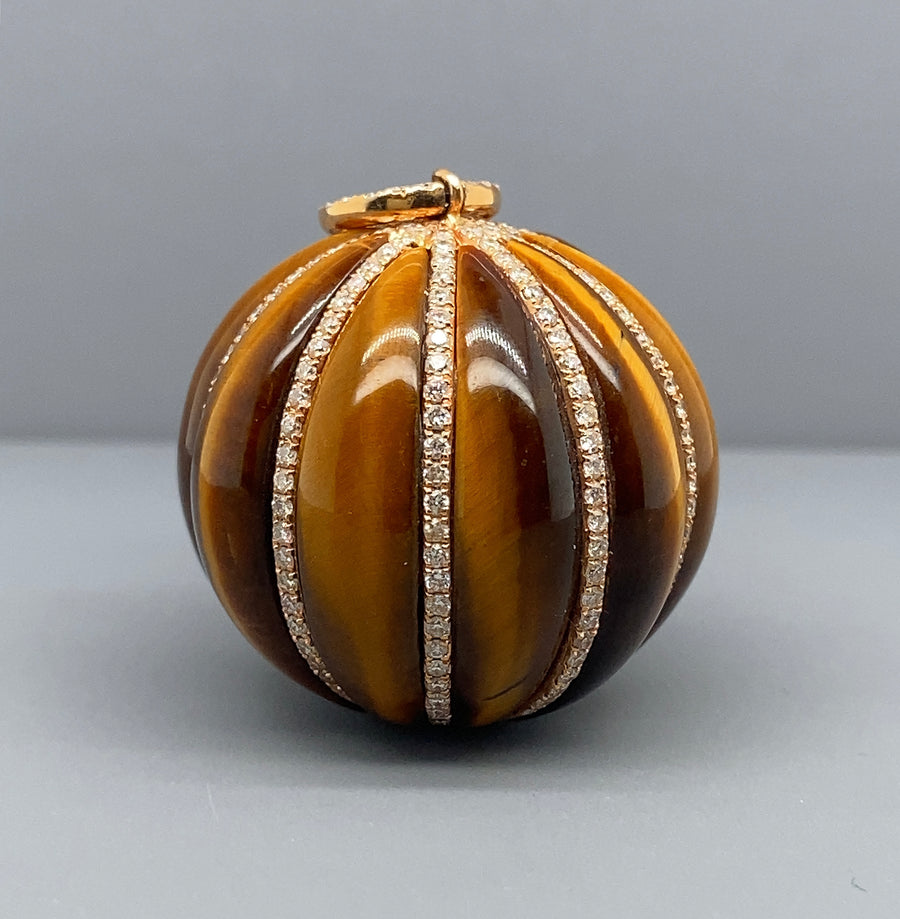 18ct Yellow Gold Tigers Eye and Diamond Ball Pendant (c. 1.55ct)