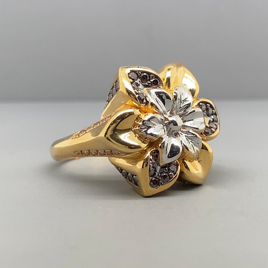 18ct Yellow Gold Fancy Cubic Zirconia Flower Ring - Size P 1/2 (NEW!)