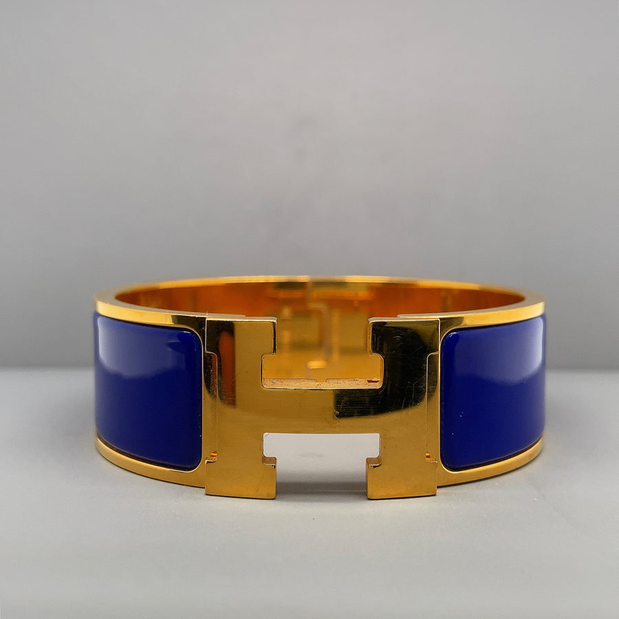 Pre-Owned Gold Plated Blue Enamel Clic Clac H Hermes Bracelet