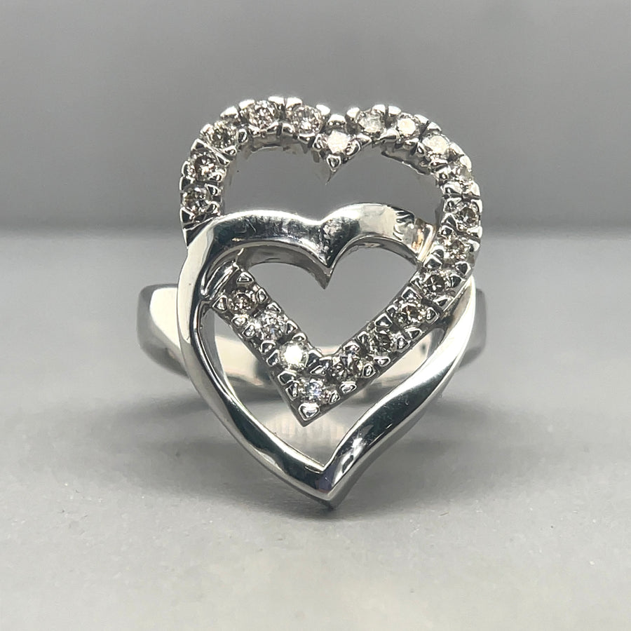 9ct White Gold Diamond Double Heart Ring (c. 0.50ct) - Size M