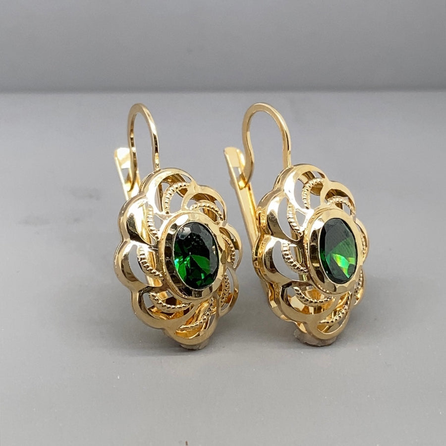 14ct Yellow Gold Green Synthetic Stone Earrings