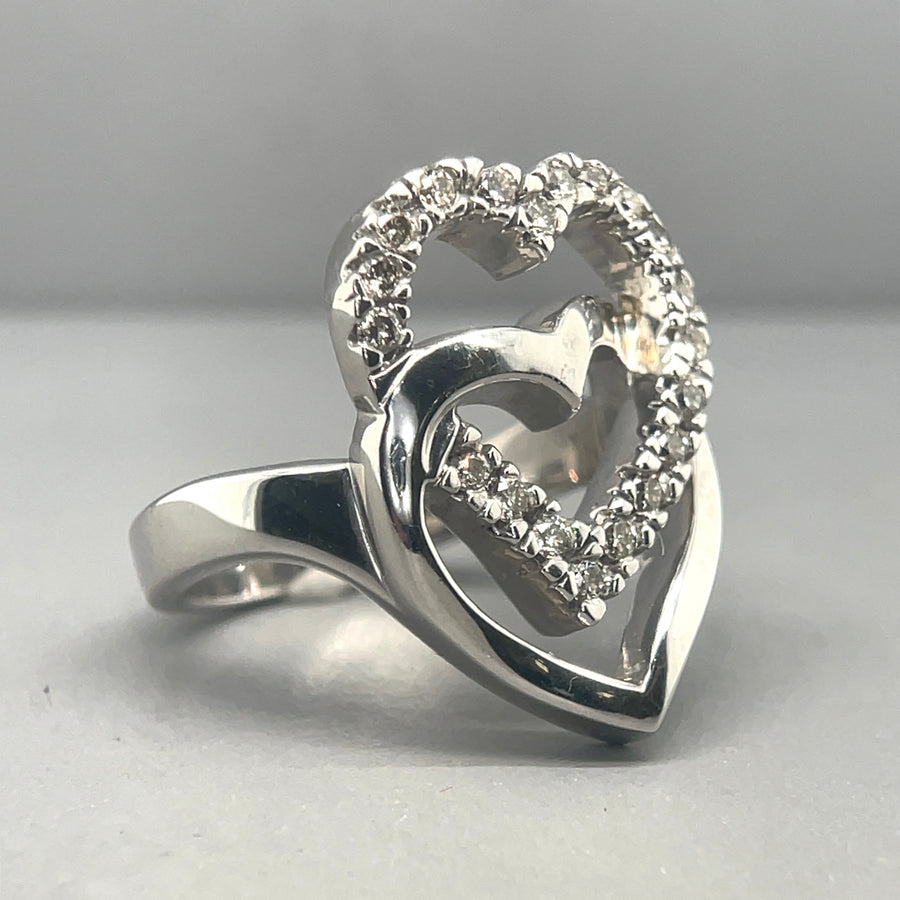 9ct White Gold Diamond Double Heart Ring (c. 0.50ct) - Size M