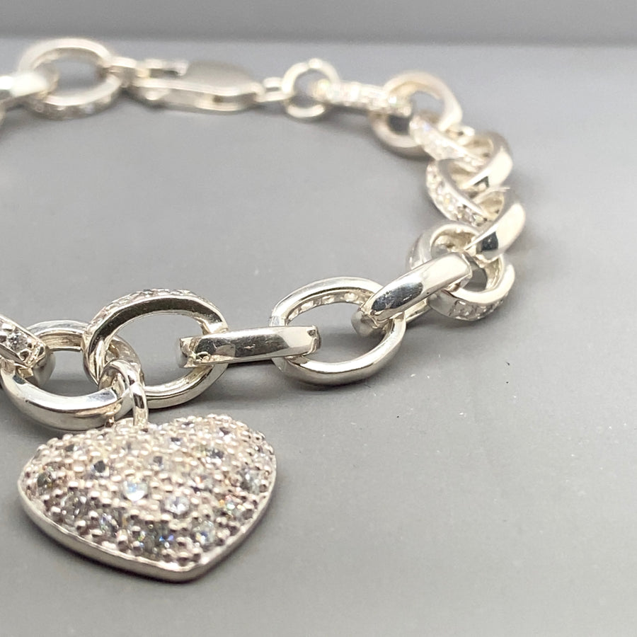 Sterling Silver Cubic Zirconia Heart Charm Bracelet