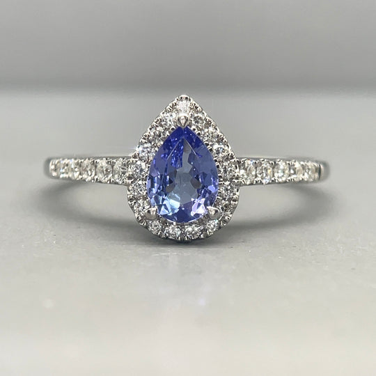 18ct White Gold Diamond and Tanzanite Pear Shape Ring (c. 0.29ct) - Size U