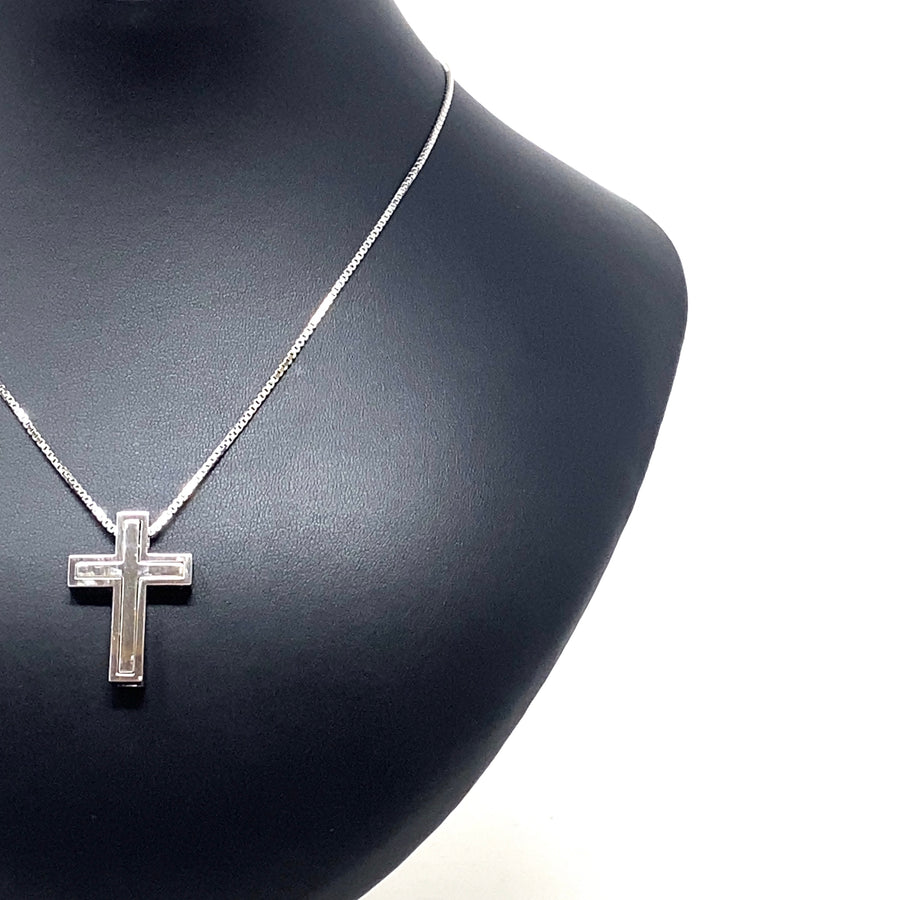 18ct White Gold Double Cross Pendant and Box Chain (19")