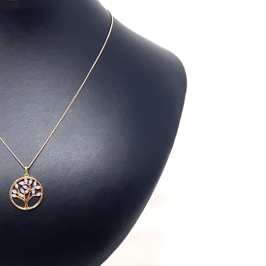 9ct Yellow Gold Cubic Zirconia Tree Of Life Pendant and Fine Chain (19")