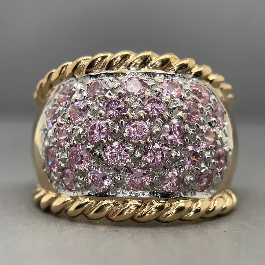 9ct Yellow Gold Pink Cubic Zirconia Wide Band Ring - Size P 1/2