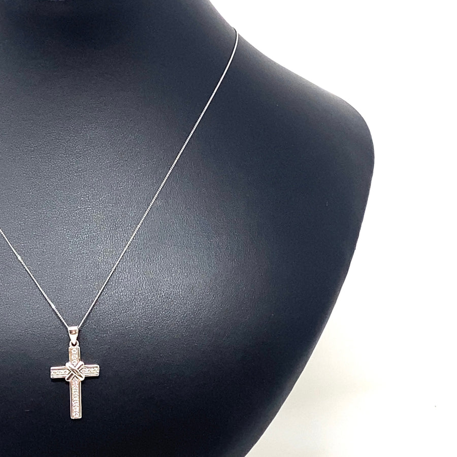 9ct White Gold Cubic Zirconia Cross Pendant and Chain (20")