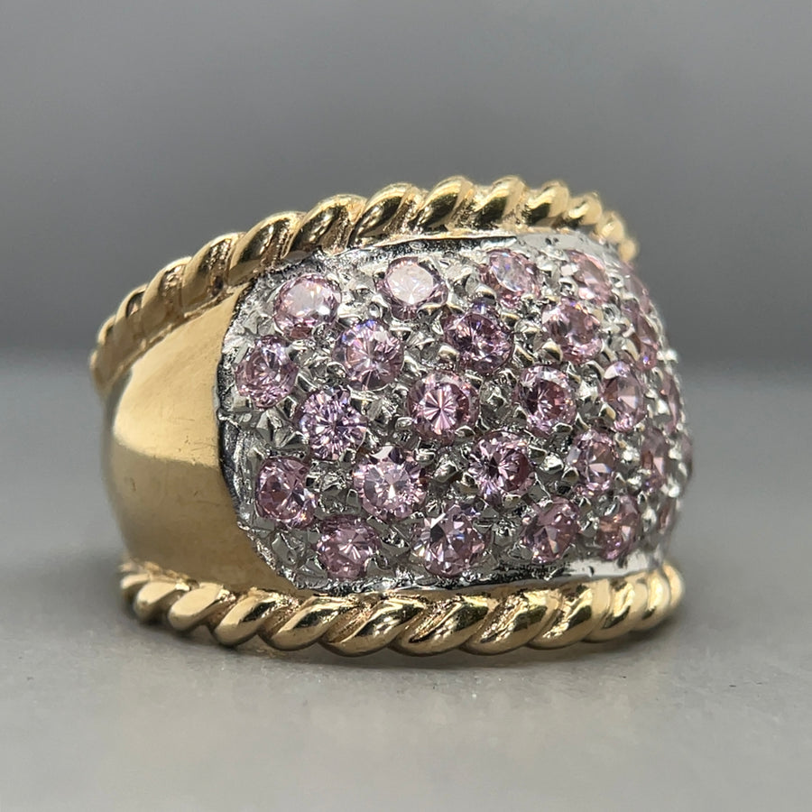 9ct Yellow Gold Pink Cubic Zirconia Wide Band Ring - Size P 1/2
